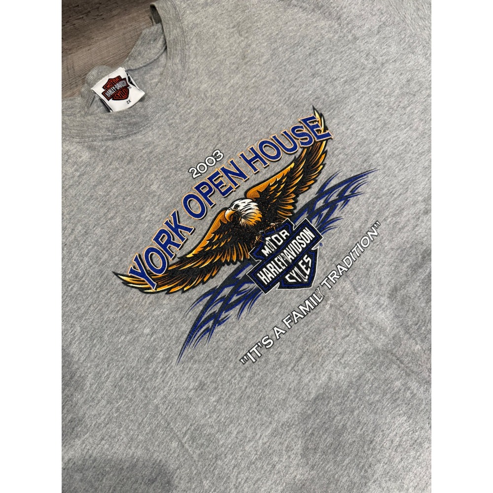2003 Harley Davidson York Eagle Graphic T Shirt 2X Gray "Its A Family Tradition"